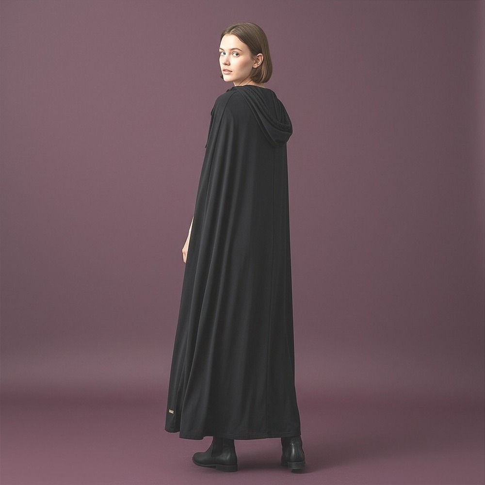 Black Hooded Cape Long Jersey Knit Sheer Cloak Tie Neck Costume Accessory 57in